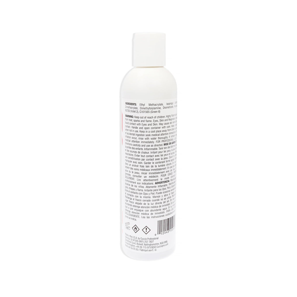 Authentic salon grade clear liquid monomer packaging displaying product size and UV inhibitor details.