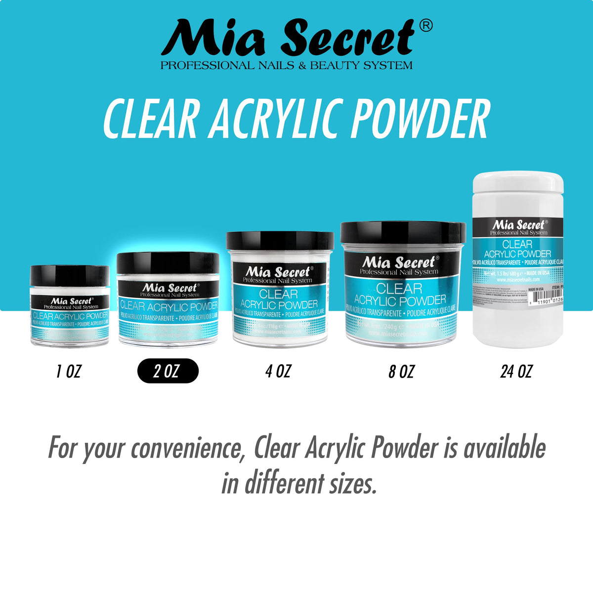 Mia Secret clear acrylic powder container showcase highlighting its non yellowing and MMA free formula badges