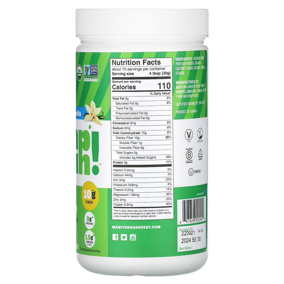 Nutrition facts label for Manitoba Harvest Hemp Yeah Max Fiber Vanilla Protein Powder