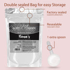 Nena's clear acrylic powder branding and size details