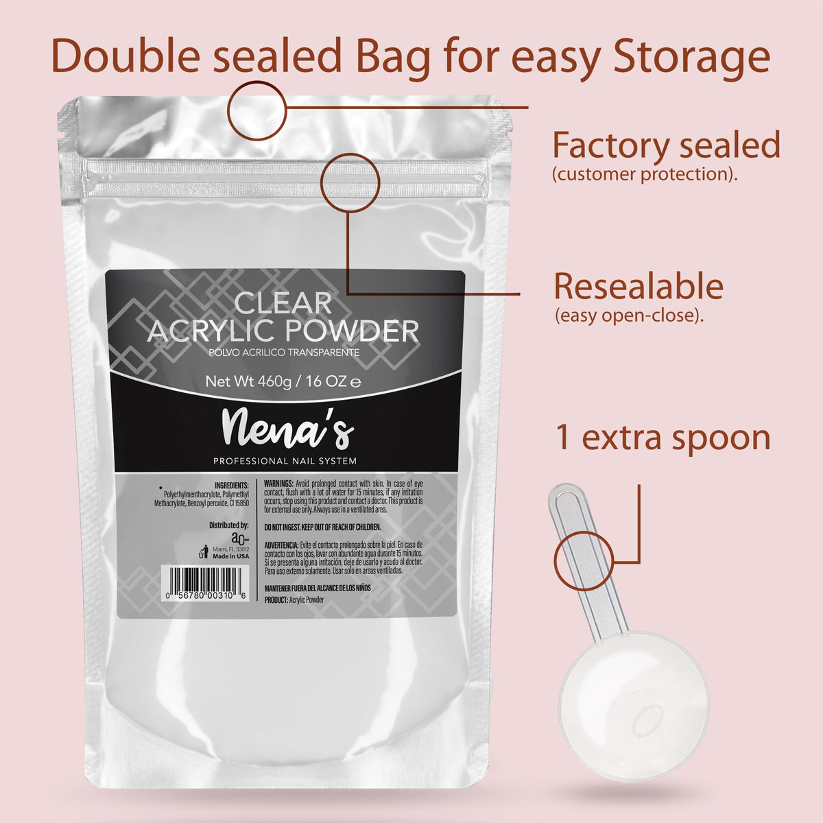 Nena's clear acrylic powder branding and size details