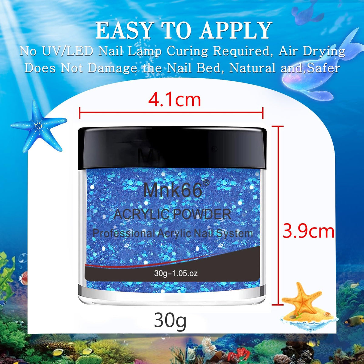 Mnk66 acrylic powder packaging and 30 gram container size reference