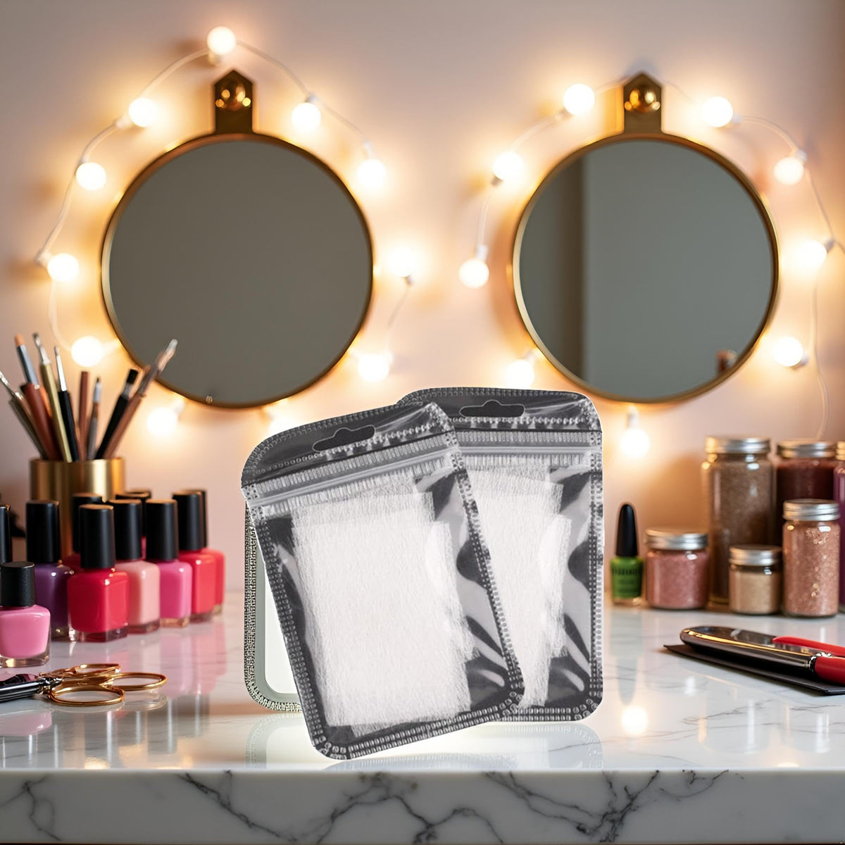 Set of manicure tools including fiberglass wraps and stickers
