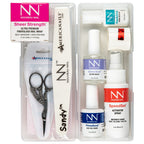 Authentic USA imported Nouveau Nail fiberglass wrap system elements including resin and mesh overlays for nail reinforcement