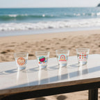 Detailed view of beach themed stickers on a flat surface