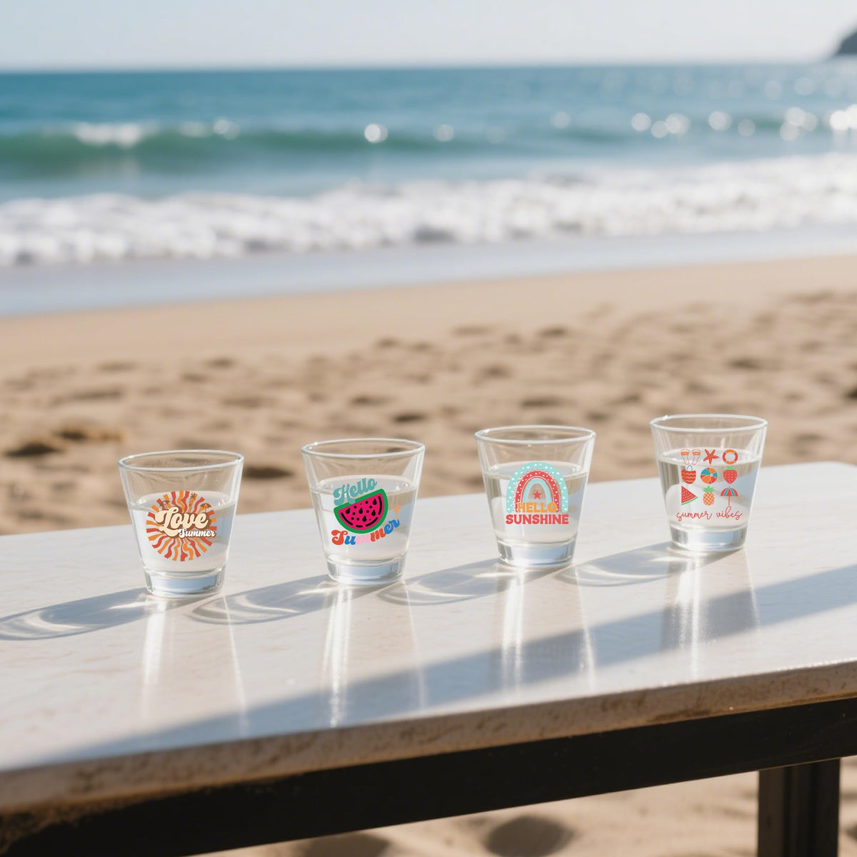 Detailed view of beach themed stickers on a flat surface