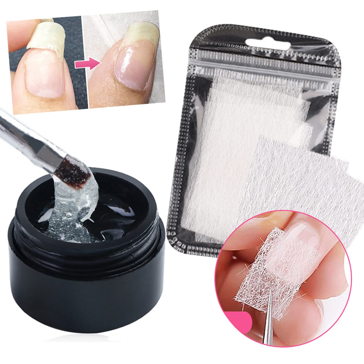 Transparent nail clip holding fiber extension in place under LED lamp