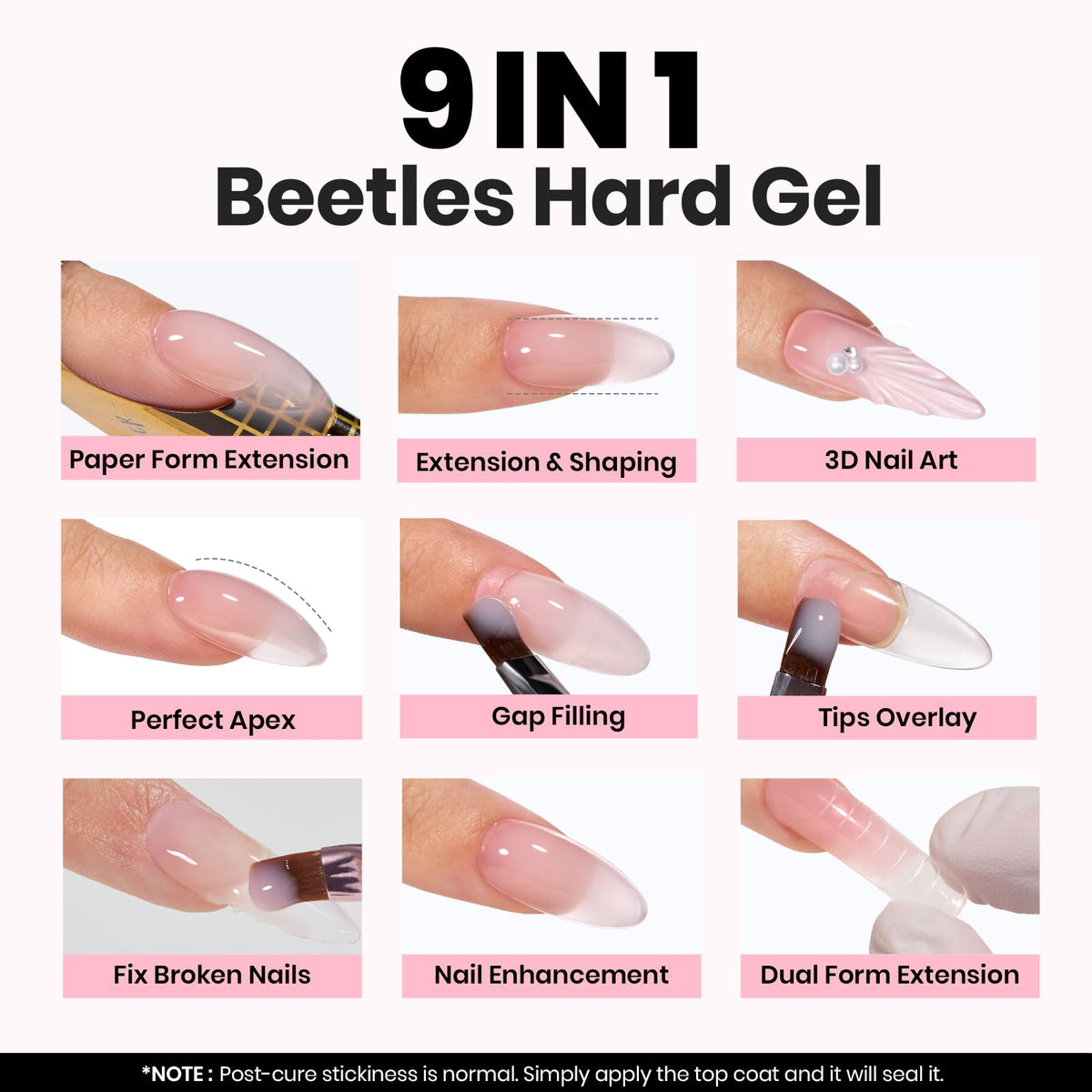 Beetles nail extension kit contents including brush and nail forms