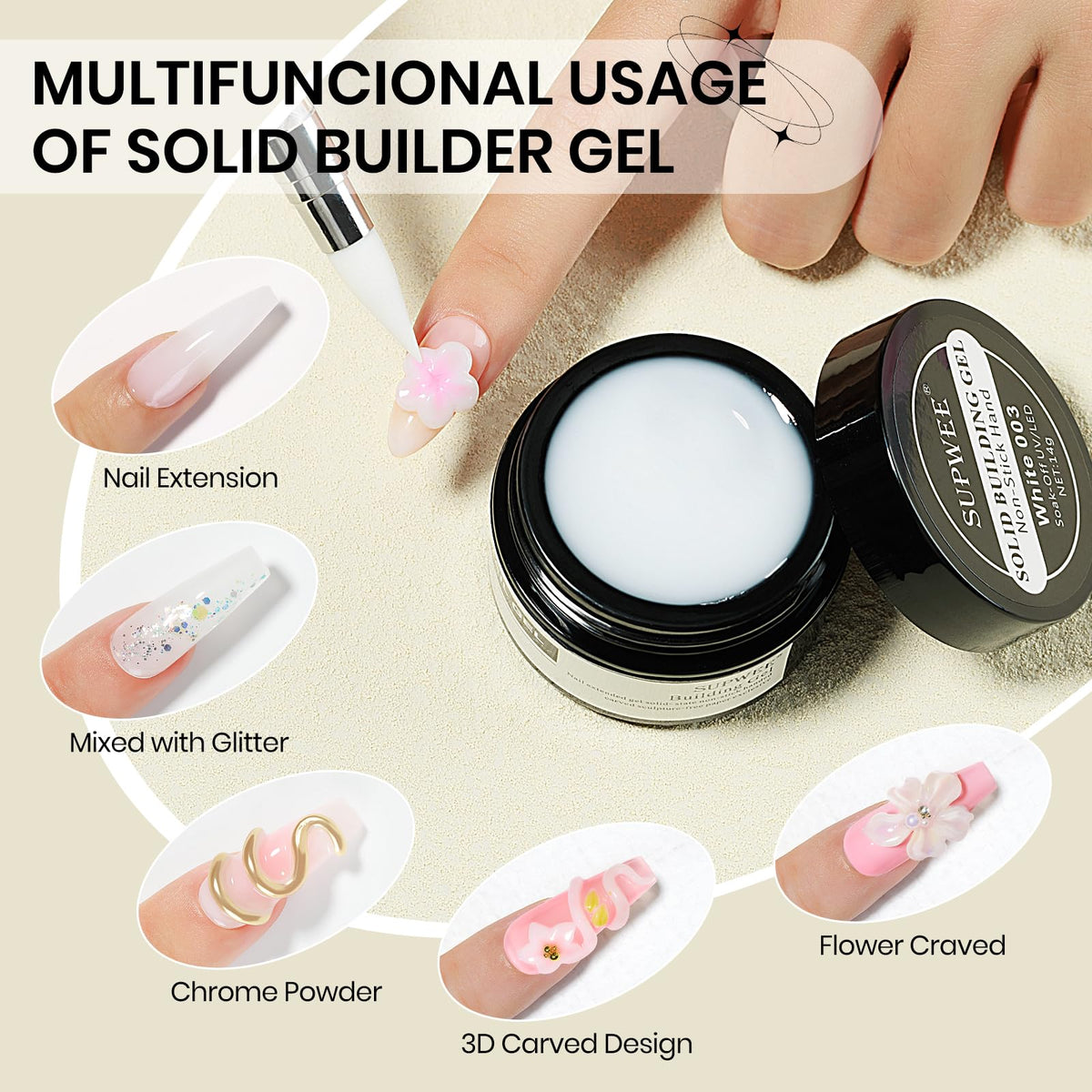 Close up of Supwee 3D white nail carving gel texture