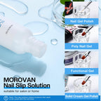 Top view of Morovan slip solution bottle and professional nail tools