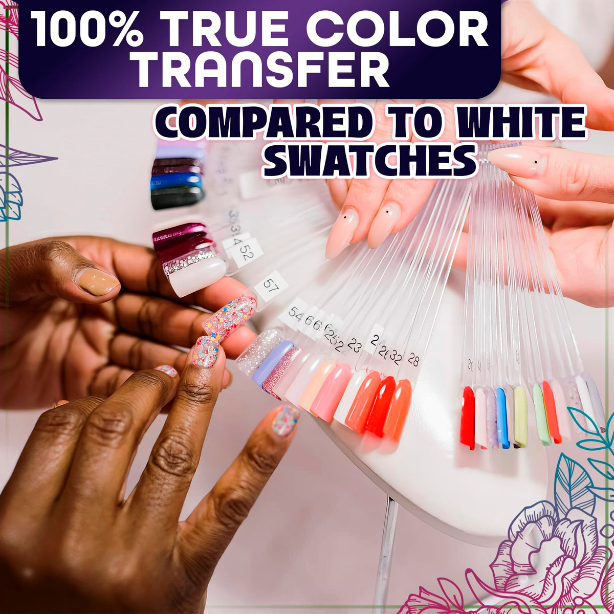 Clear swatch sticks arranged on circular rings for easy access
