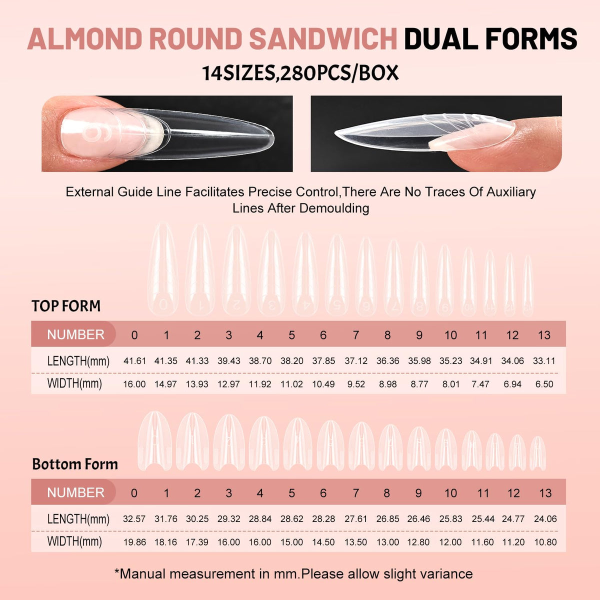 Clear plastic nail extension forms arranged by size