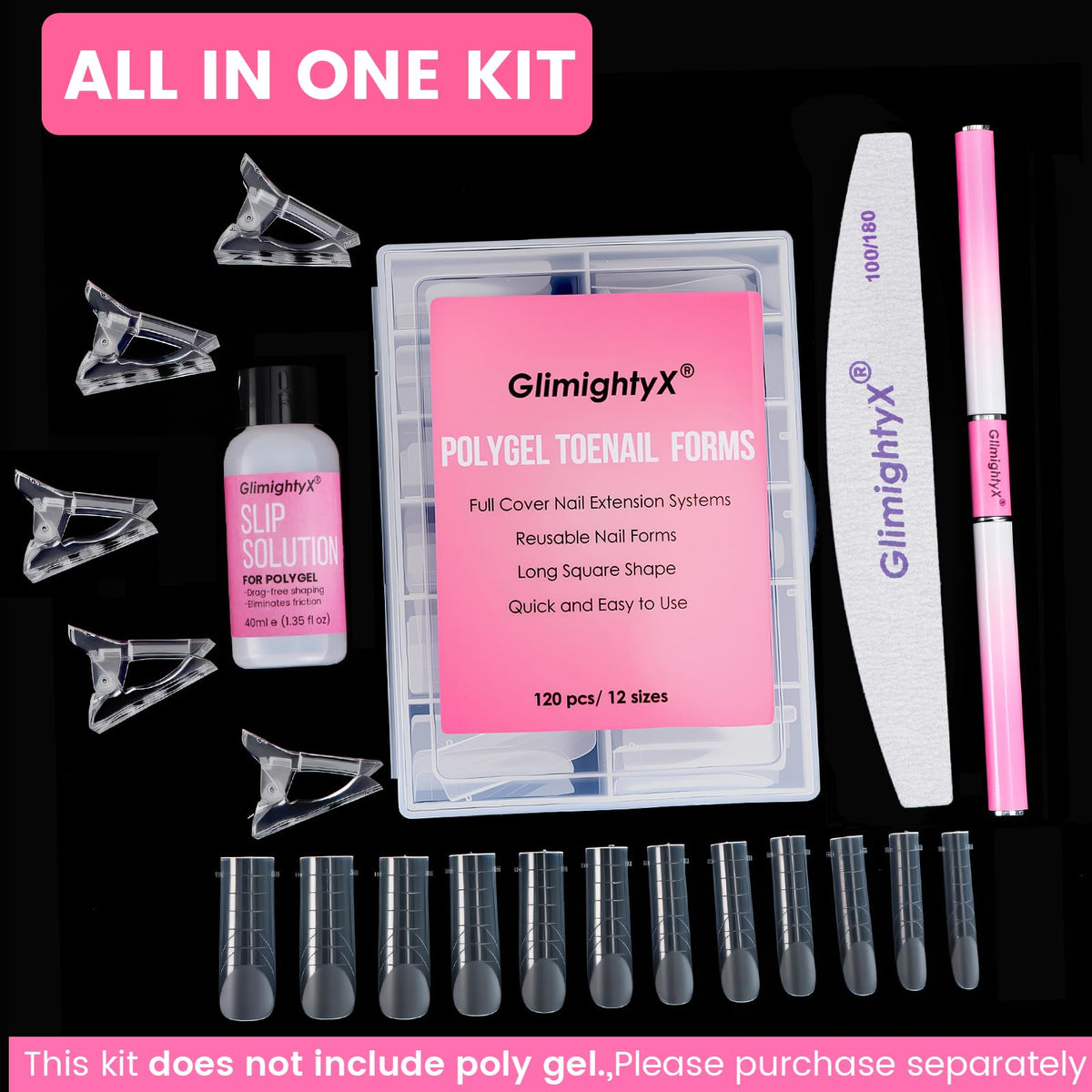 GlimightyX polygel kit components including brush and slip solution