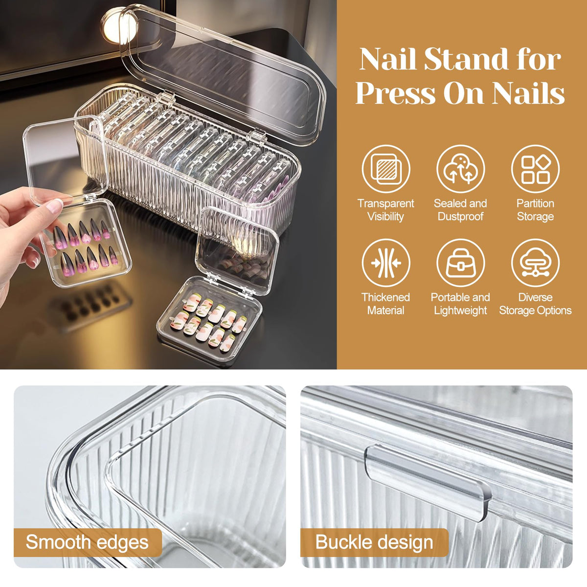 Press on nail organizer holding various styles of fake nails