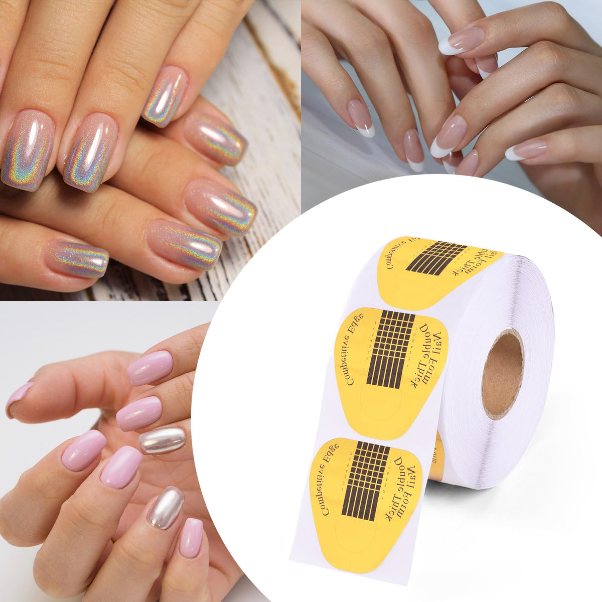 Professional nail technician using gold extension forms on fingers
