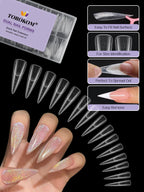 Close up of Torokom clear stiletto nail molds showing length scale markings