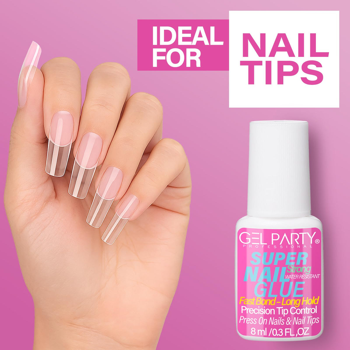 Application demo of Gel Party nail glue on fake nails