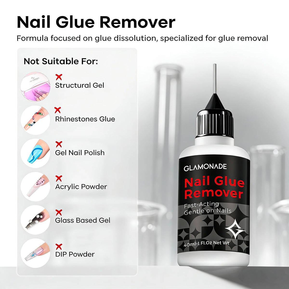 Close up of Glamonade non-acetone nail glue remover