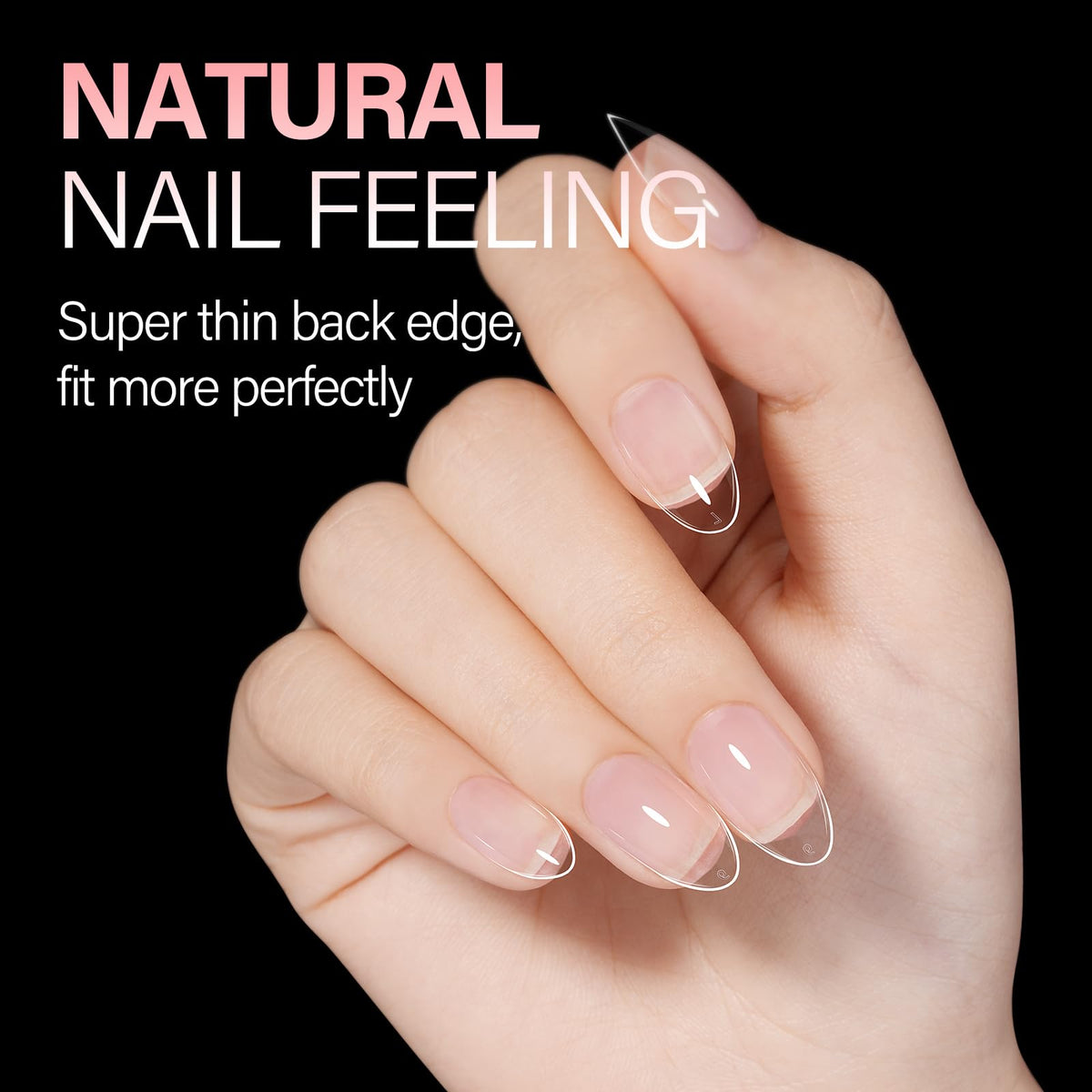 Close up of clear almond shaped gel nail extensions