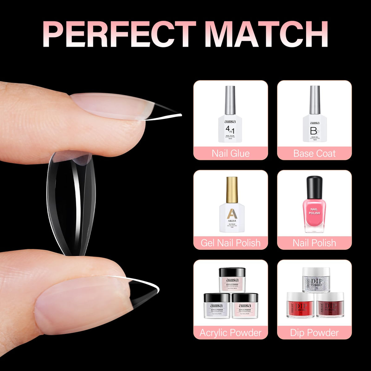 Aillsa almond shaped false nails showing variety of sizes
