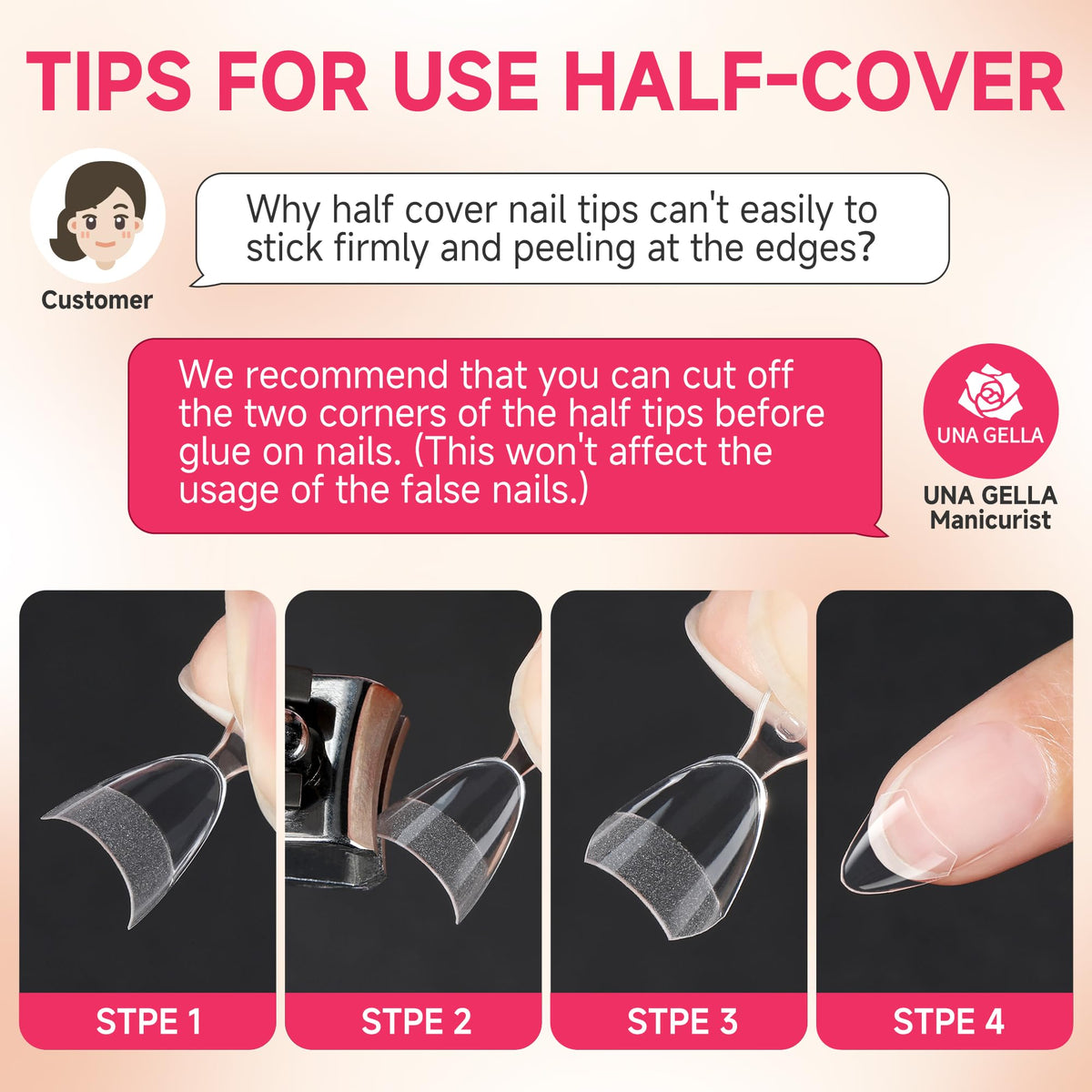 Clear view of Una Gella almond shape press on nails