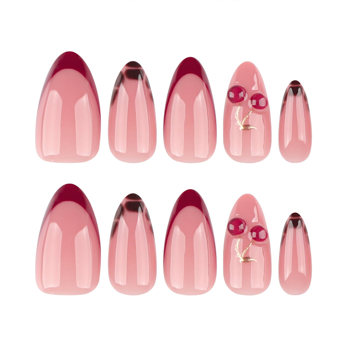 Close up of 3D cherry and gold branch details on Mivota almond nails