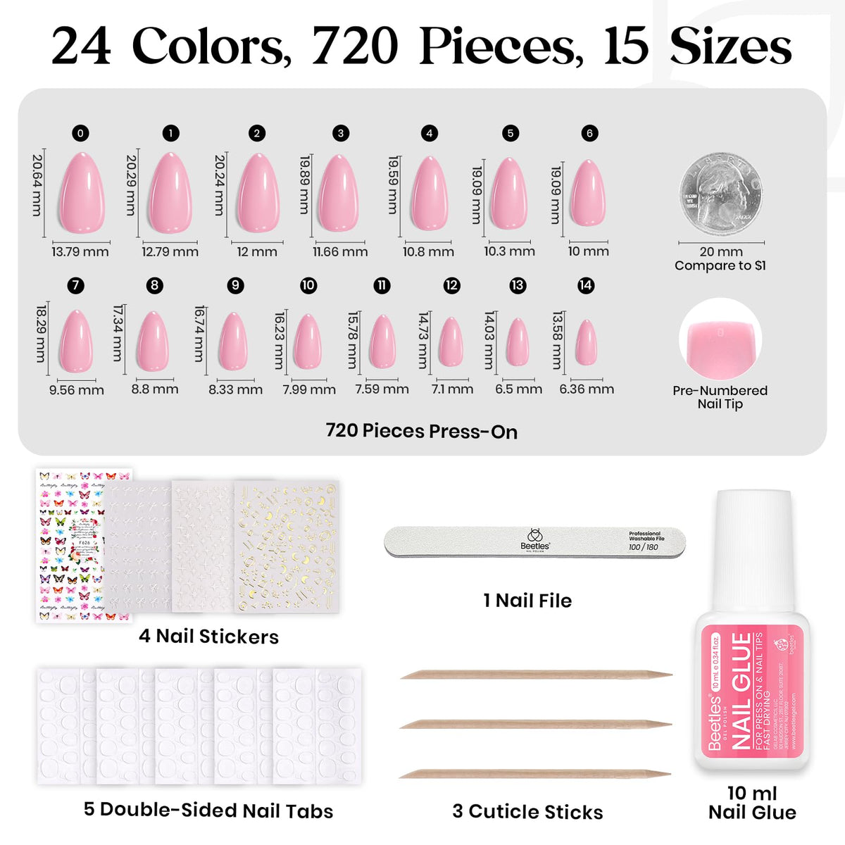 Beetles nail kit accessories including glue and adhesive tabs