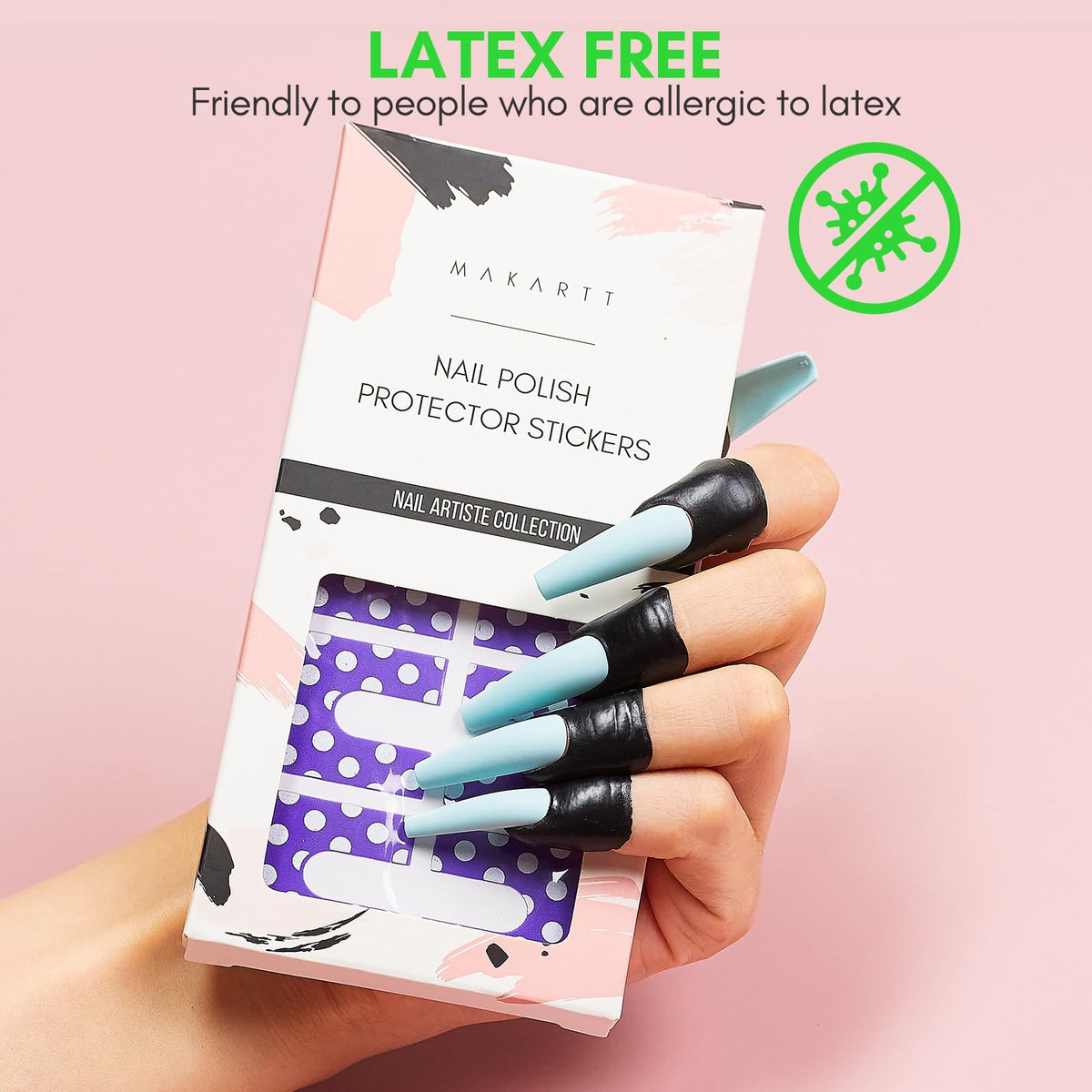Makartt one hundred pieces box set packaging highlighting mess free manicure benefits.