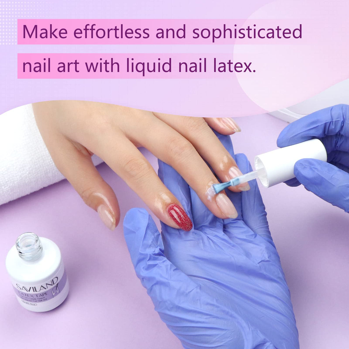A woman using Saviland liquid latex to protect her cuticles during an airbrush manicure session.