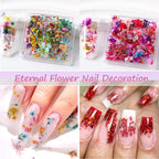 Top view of 8 pots containing natural floral nail art supplies