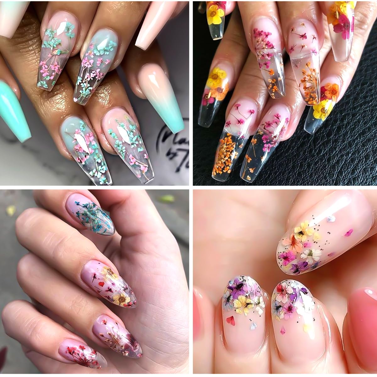 Detail of colorful gypsophila and natural petals for 3D nail design