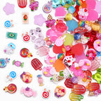 Various 3D sweet-themed nail charms displayed on a surface