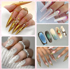 Examples of 3D nail art designs using metallic gems and pearls