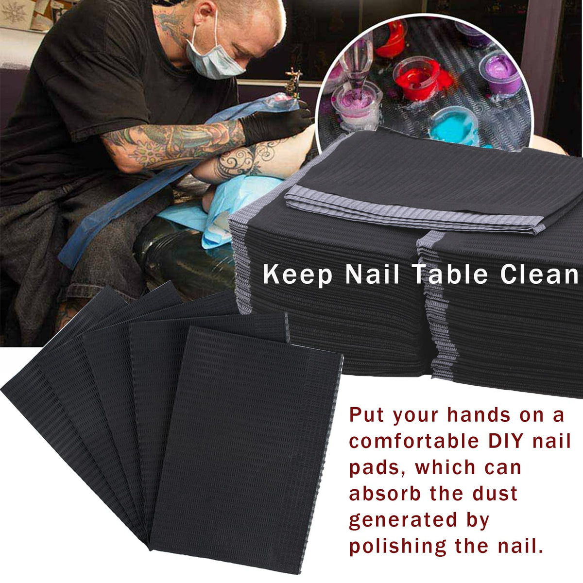 A pack of 125 disposable black nail art mats laid out for professional aesthetic salon setup
