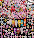 Close up view of multicolored flatback miniature resin bears and flowers for acrylic nail art.