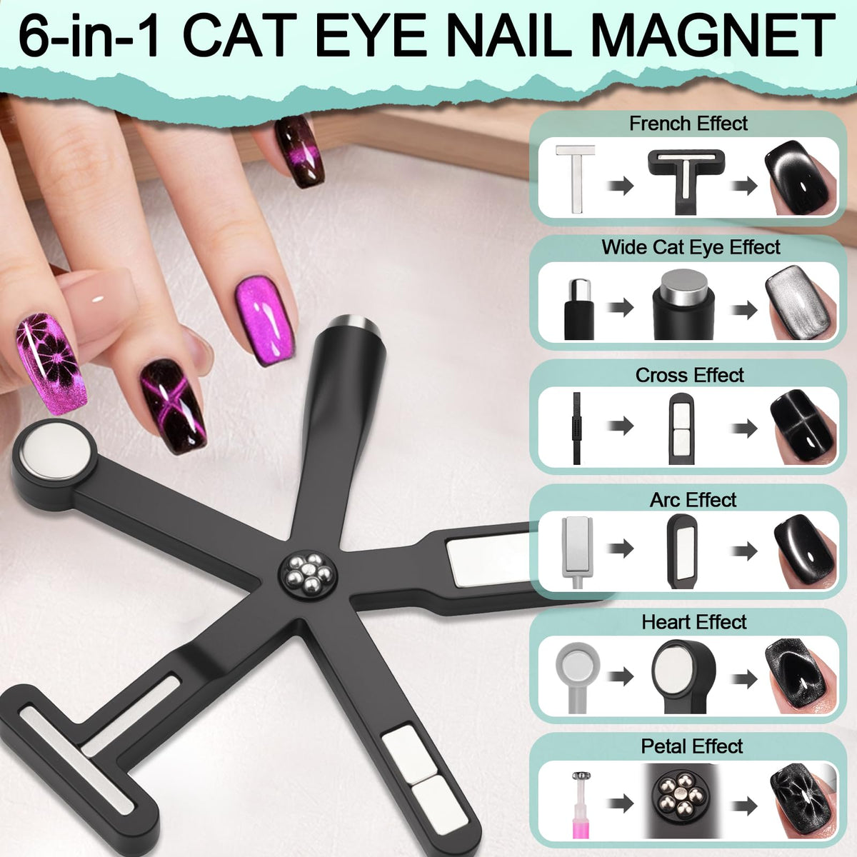 Close up of 6 in 1 multifunctional nail magnet tool