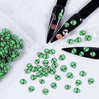 Creative DIY nail art design featuring green alien polymer slices