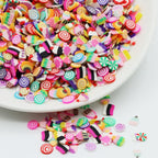 Five millimeter colorful heart fimo clay slices close up texture