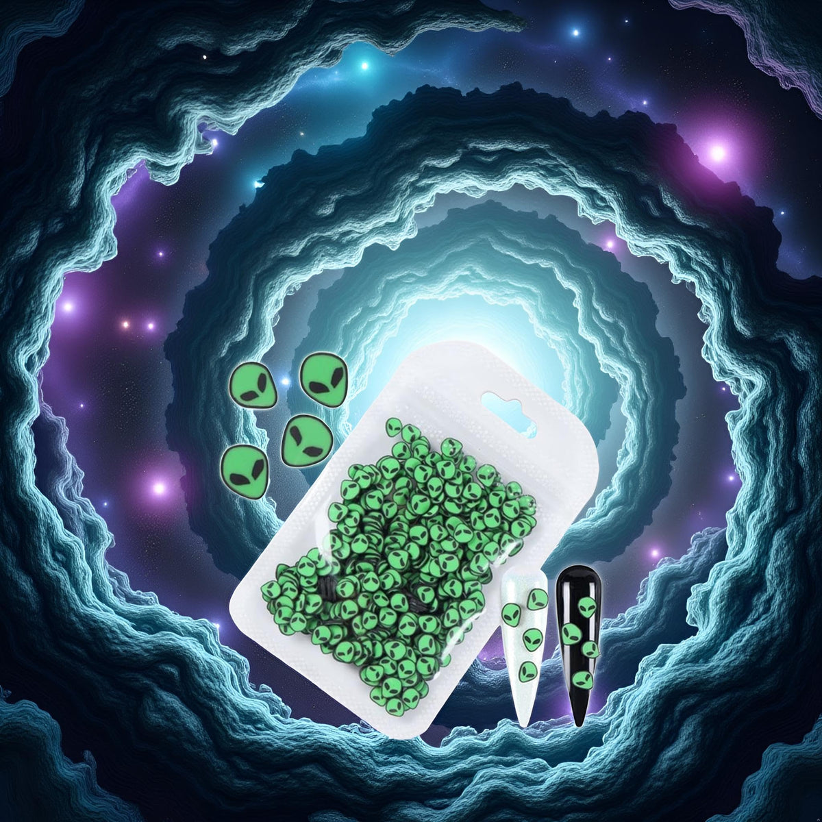 Detailed view of extraterrestrial nail accessories in pouch