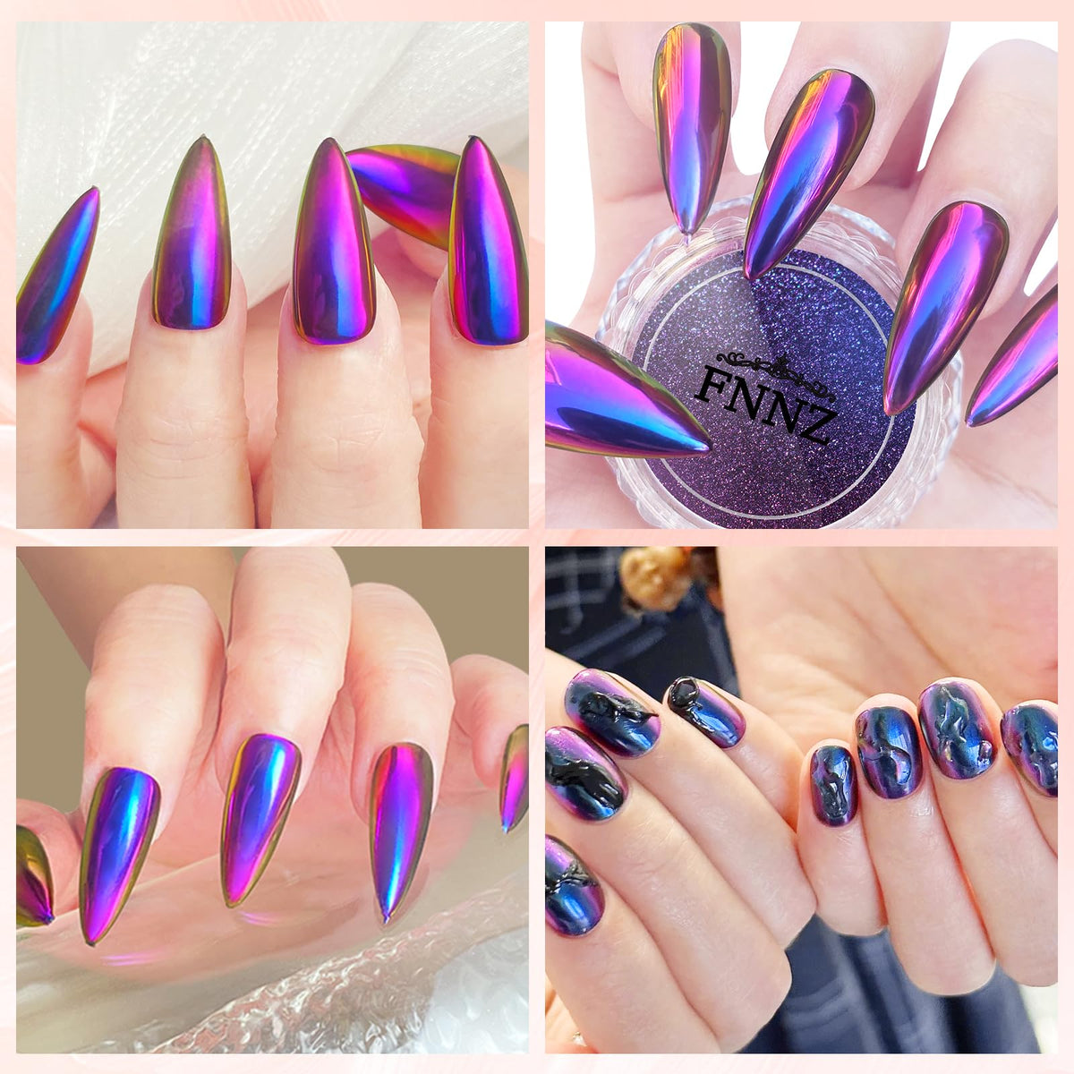 Multi-chrome mirror effect demonstration on black gel nails
