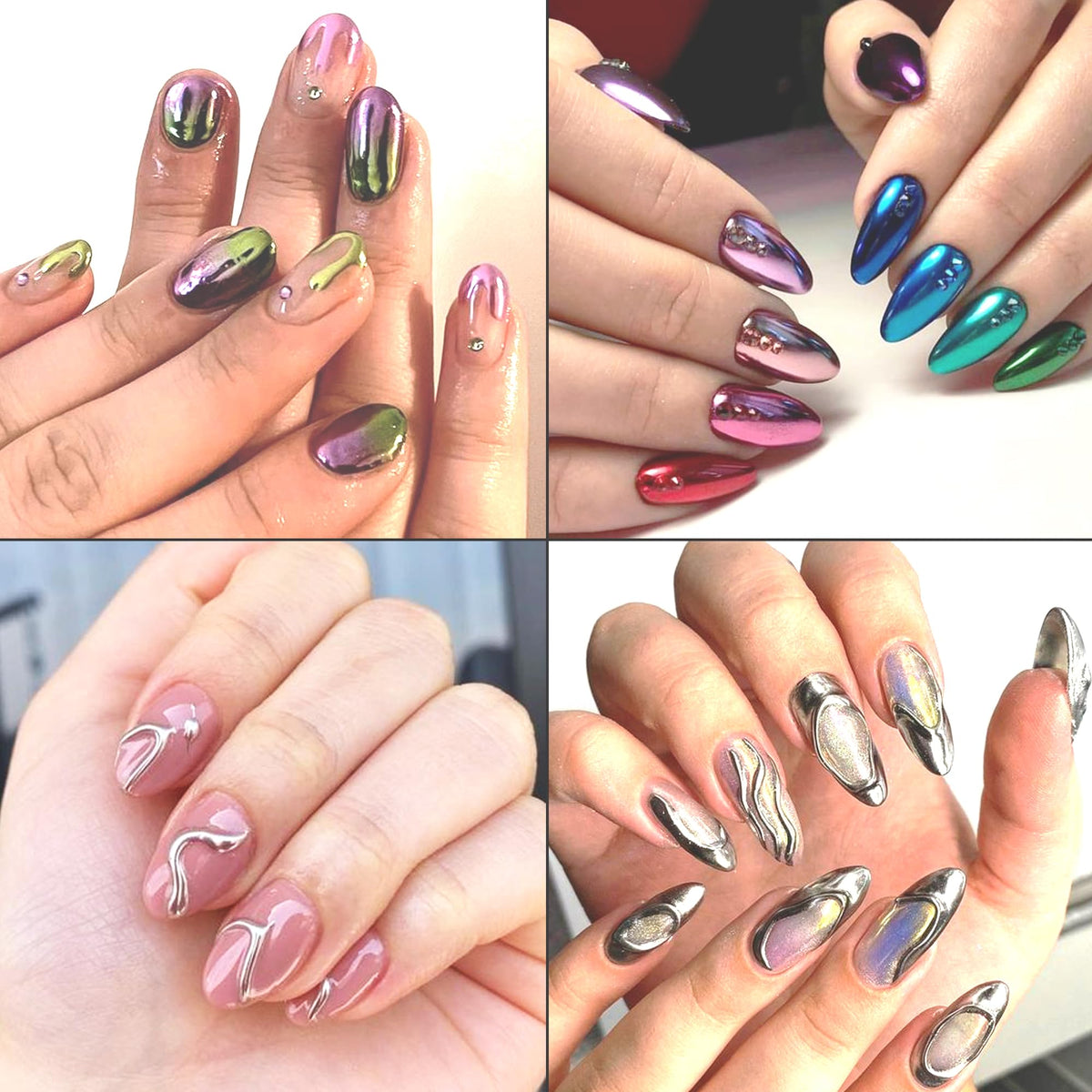 Swatch demonstration of holographic and metallic nail pigments