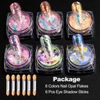 Six colors of aurora opal nail sequins in jars
