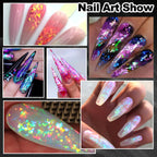 Nail art design showing color shift effect of flakes