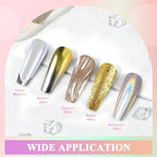 Close up of iridescent holographic chrome nail art effect