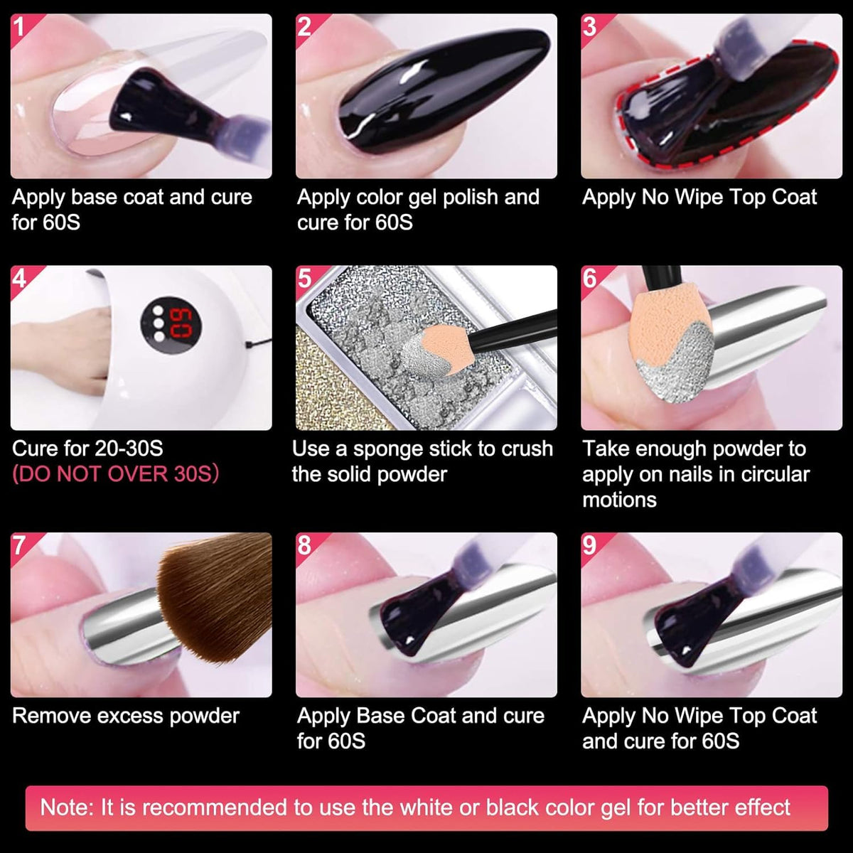 Step by step application of Drmode chrome powder on nails