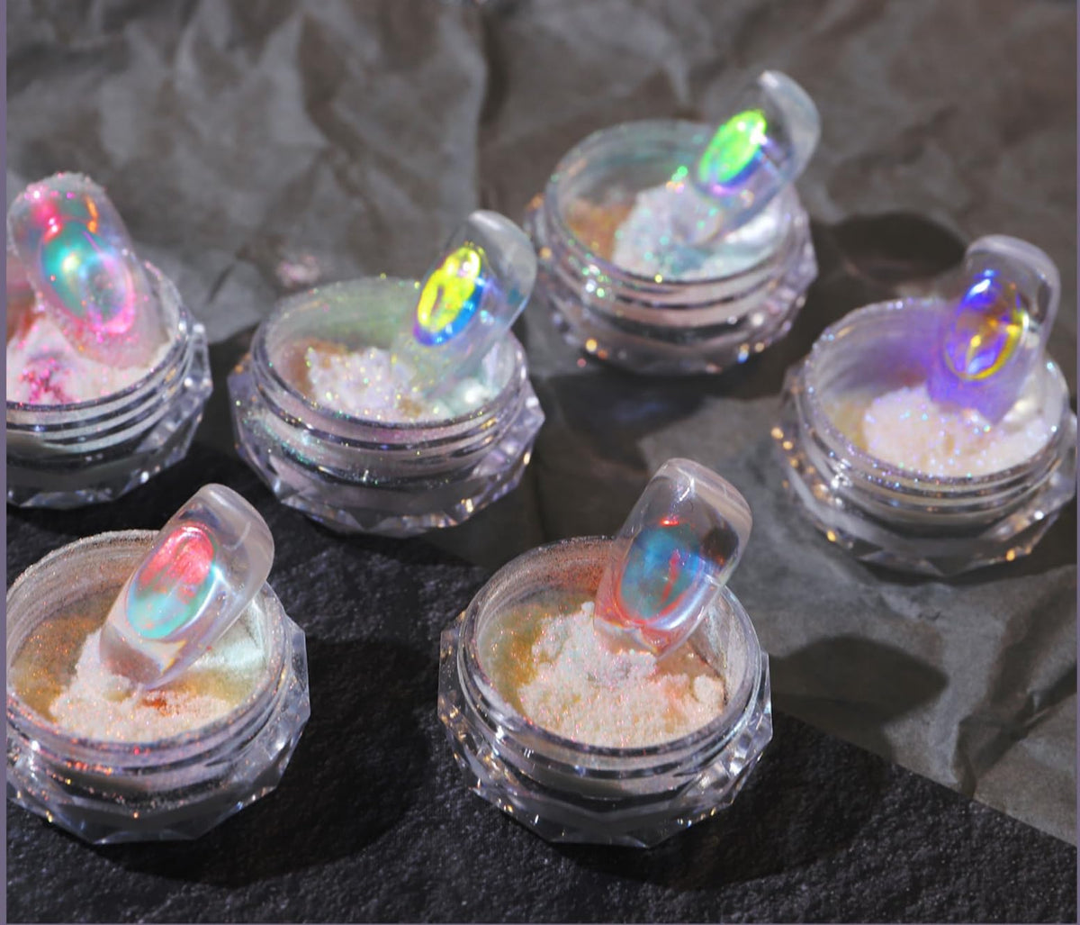 Six jars of neon rainbow chameleon nail art glitter powder