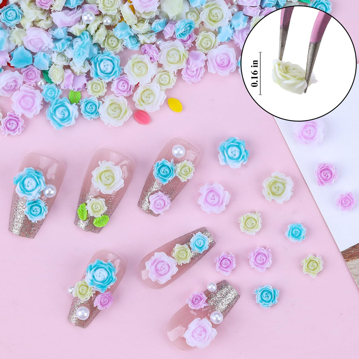 Close up of 3D acrylic floral nail charms and leaves