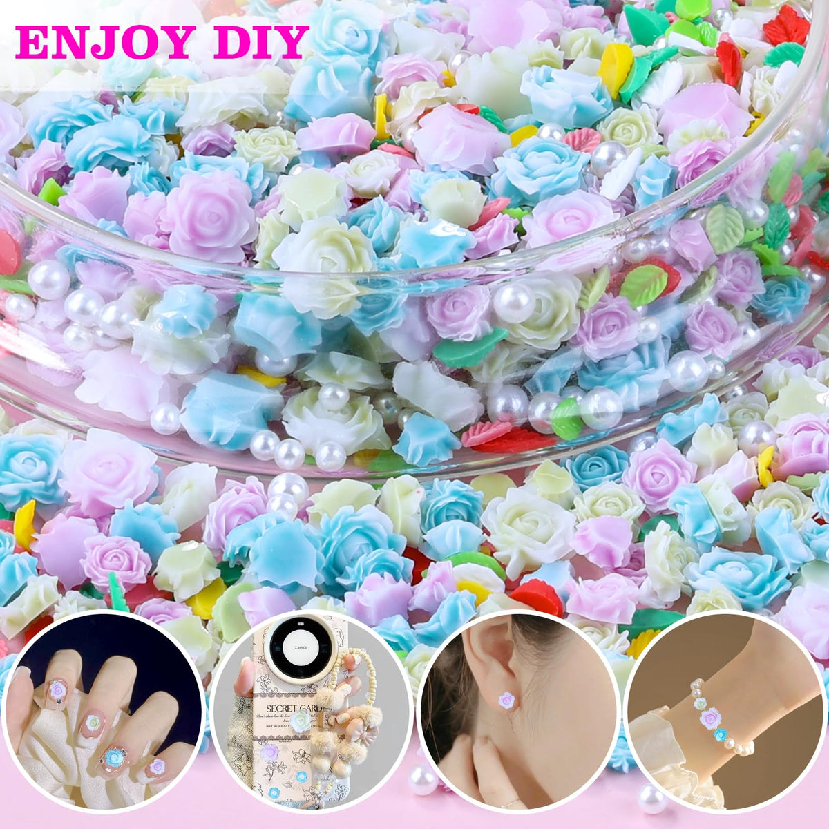 Professional nail decoration kit with floral gems and pearls