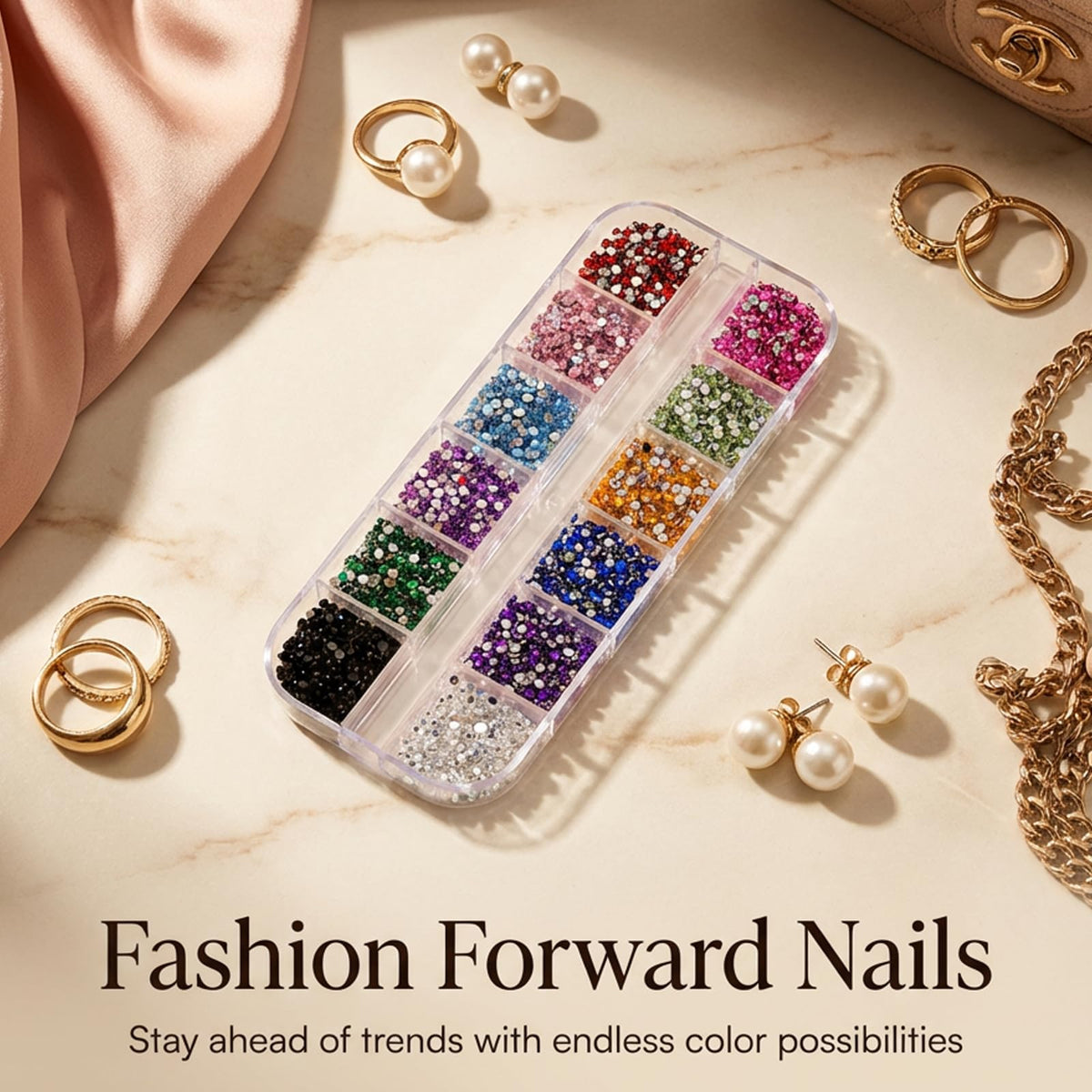 Assorted pearls and colored gems for professional DIY nail art design