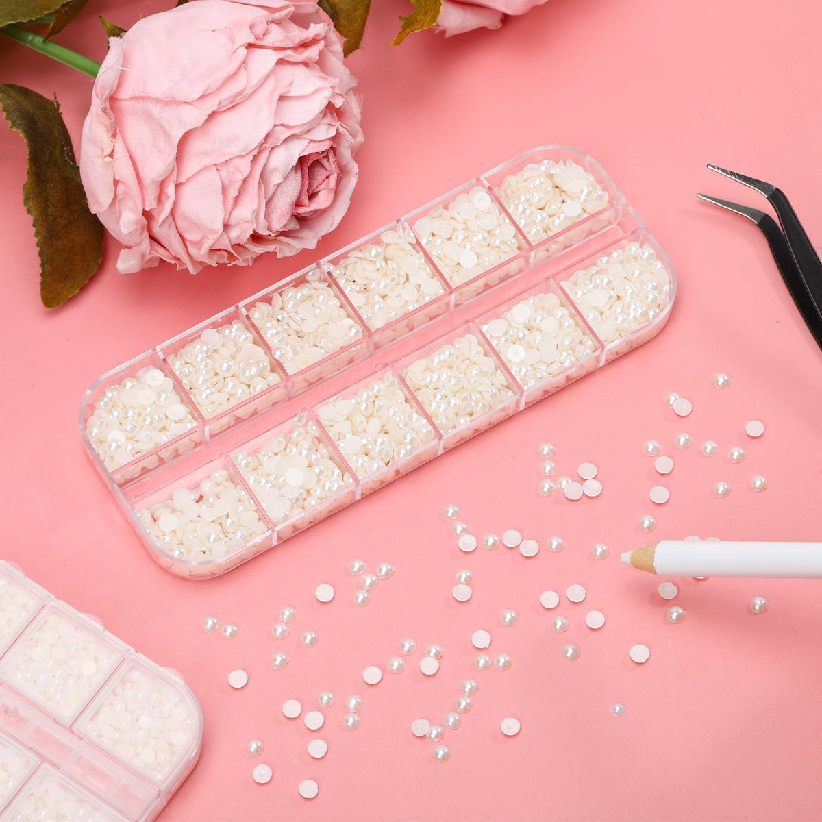 Beige pearl 3D nail charms in organized storage grid